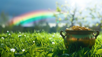  A pot of gold sitting on lush green grass with a rainbow in the background. 