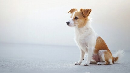Small brown and white dog sitting on a concrete surface looking alert