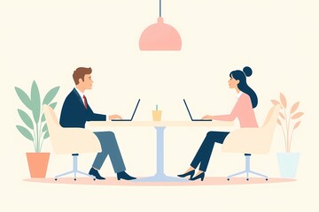 Fototapeta premium Business Meeting Illustration: A simple yet effective illustration of two business professionals collaborating at a round table, showcasing a professional and efficient meeting setting.