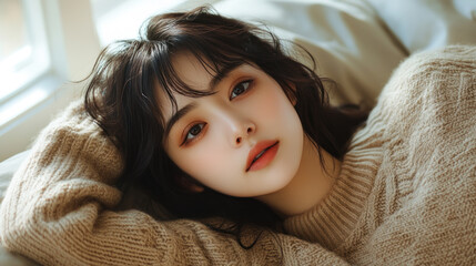 Chinese woman in wool sweater lying on her back on the bed, relaxed