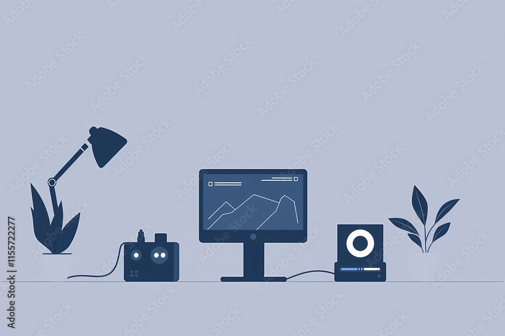 Poster serene workspace: minimalist illustration of a desktop computer displaying an upward trending graph,
