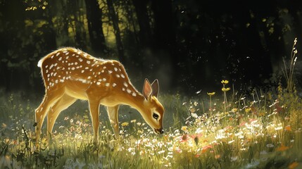 Fototapeta premium Young Fawn Grazing In Sunlit Meadow Surrounded By Wildflowers