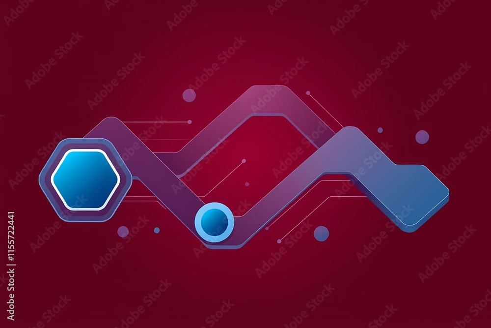 Poster abstract tech flow: dynamic blue and purple geometric shapes flow across a rich burgundy background,
