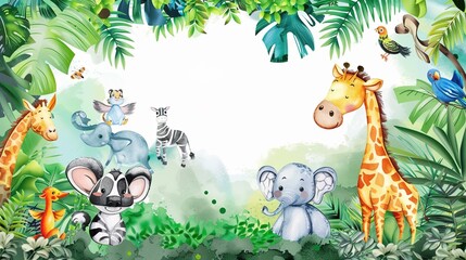 Obraz premium Adorable and Whimsical World of Cute Cartoon Safari Zoo: Unveiling the Enchanting Beauty of Watercolor Style with Animal Frame Border. Explore Keywords like Charming, Playful, Jungle Creatures, Exotic