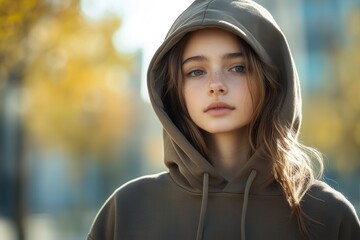 Serene portrait of a young person in a hoodie amidst autumn backdrop.