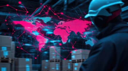 High-Tech Warehouse with Digital World Map