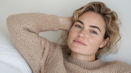 Australian woman in wool sweater lying on her back on the bed, relaxed