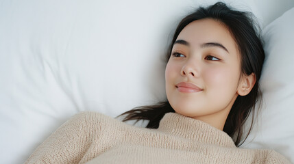 Indonesian woman in wool sweater lying on her back on the bed, relaxed