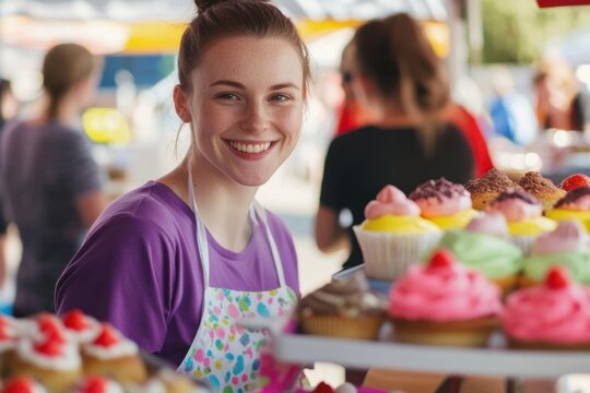 Cheerful volunteers selling colorful desserts at a vibrant charity bake sale. Generative AI