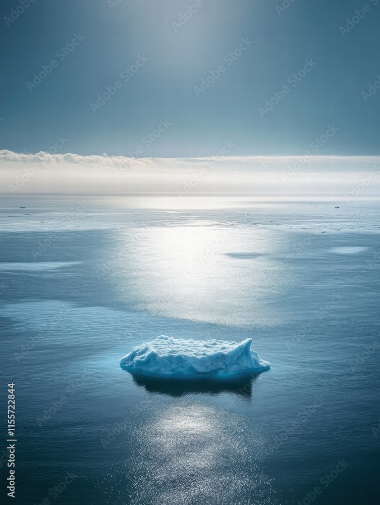Aufkleber melting iceberg floating in a vast blue ocean under soft sunlight and clear skies. generative ai