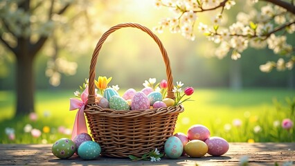 Springtime Easter Basket with Decorated Eggs and Blossoming Flowers in a Sunny Garden