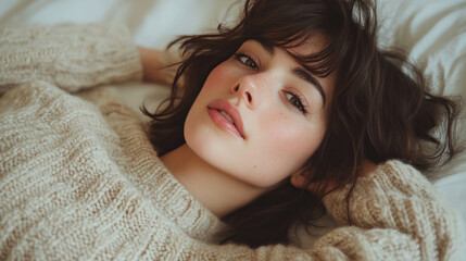 Canadian woman in wool sweater lying on her back on the bed, relaxed