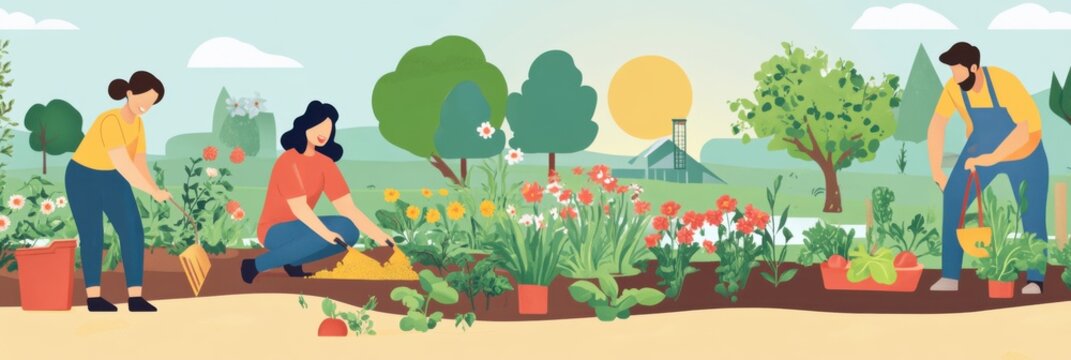 Cheerful neighbors collaborate in a vibrant community garden on a sunny day. Generative AI