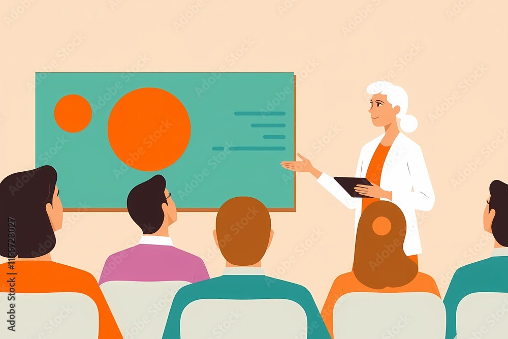 Poster presentation & insights: a seasoned female presenter captivates an attentive audience with insightfu