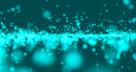 Fototapeta premium Field of turquoise glowing particles flying and rising above the surface. Foggy backdrop background for text.