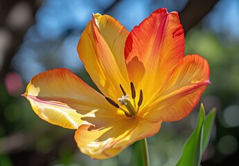 Vibrant Orange and Yellow Tulip Blooming in Natural Light, Showcasing Its Delicate Petals and Intricate Details Against a Soft Focus Background