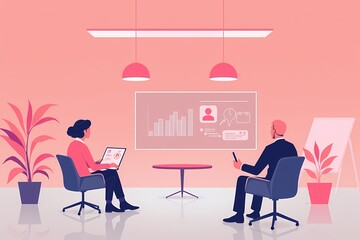 Business Meeting: Two professionals analyze data on a screen in a pink-toned office setting. This illustration captures the essence of modern business collaboration.