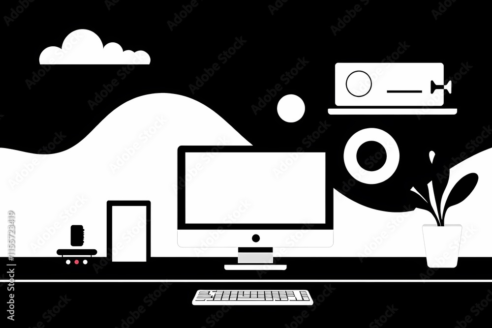Poster minimalist workspace: a sleek and stylish minimalist workspace with a computer, keyboard, a plant, a