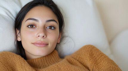 Hispanic woman in wool sweater lying on her back on the bed, relaxed
