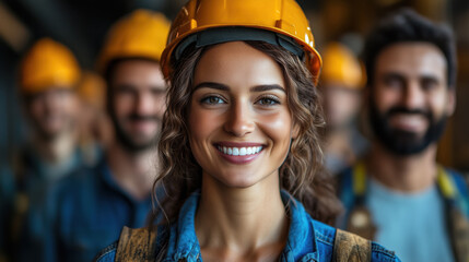 Smiling female engineer leading team of construction workers in factory
