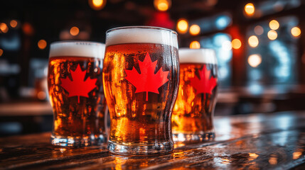 Canadian beer glasses showing maple leaf celebrating canada day in pub