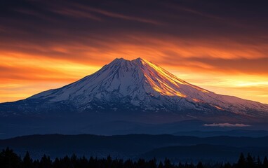 Fototapeta premium A breathtaking close-up of a snow-capped mountain peak under a vibrant orange sunset, captured with professional clarity and rich tones