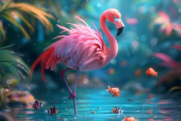 A vibrant pink flamingo stands gracefully in a serene, colorful aquatic environment filled with fish and lush flora.