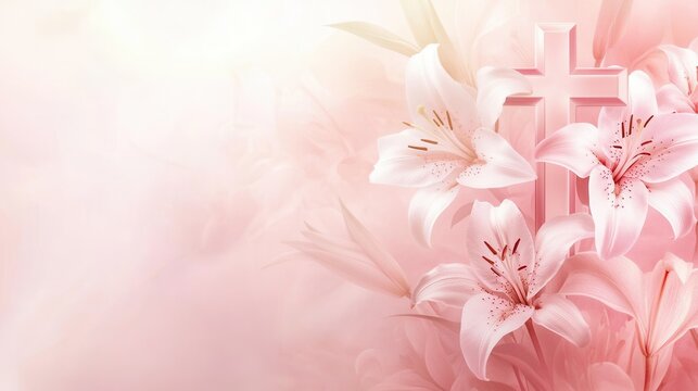 Elegant floral arrangement with cross on pink and cream gradient background for religious celebrations.