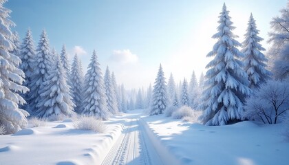 Fototapeta premium Winter landscape with snow-covered pine trees and a peaceful, winding path 