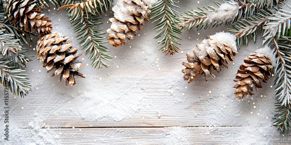 Poster a close-up of a white hardwood tabletop perspective with fuzzy illumination fir branches and cones a