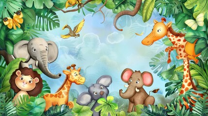 Obraz premium Adorable and Whimsical World of Cute Cartoon Safari Zoo: Unveiling the Enchanting Beauty of Watercolor Style with Animal Frame Border. Explore Keywords like Charming, Playful, Jungle Creatures, Exotic
