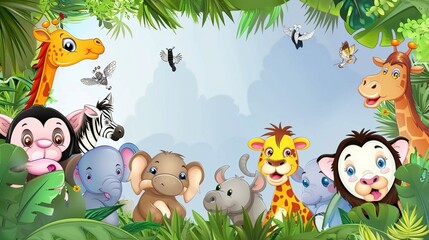 Obraz premium Adorable and Whimsical World of Cute Cartoon Safari Zoo: Unveiling the Enchanting Beauty of Watercolor Style with Animal Frame Border. Explore Keywords like Charming, Playful, Jungle Creatures, Exotic