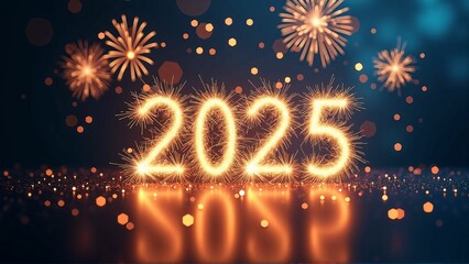 2025 New Year Celebration with Sparkling Fireworks and Defocused Glitter in Blue Night Sky