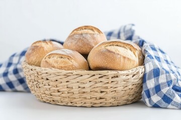 A woven basket is filled with warm, freshly baked baguettes surrounded by a soft cloth. The inviting bread sits against a clean white backdrop, creating a soothing and appetizing presentation.