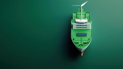 A digital model of a green ship design, featuring electric engines and renewable energy integration for sustainable maritime transport