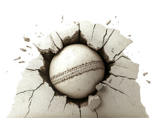 Cricket Ball Breaking Through a Concrete Wall on Transparent Background