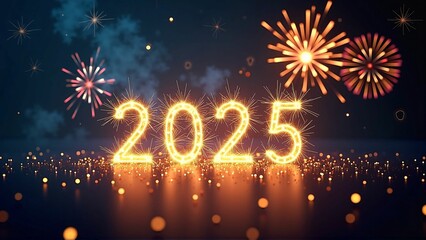 2025 New Year Celebration with Sparkling Fireworks and Defocused Glitter in Blue Night Sky