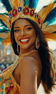 Brazilian wearing Samba Costume. Beautiful Brazilian woman wearing colorful costume and smiling during Carnaval street parade in Brazil.	