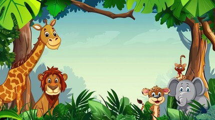 Obraz premium Adorable and Whimsical World of Cute Cartoon Safari Zoo: Unveiling the Enchanting Beauty of Watercolor Style with Animal Frame Border. Explore Keywords like Charming, Playful, Jungle Creatures, Exotic
