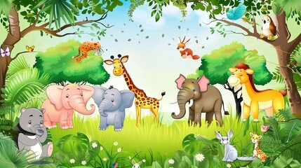 Fototapeta premium Adorable and Whimsical World of Cute Cartoon Safari Zoo: Unveiling the Enchanting Beauty of Watercolor Style with Animal Frame Border. Explore Keywords like Charming, Playful, Jungle Creatures, Exotic