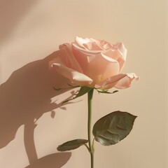 Soft Pink Rose with Light Shadow on Beige Background