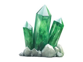 Cartoon Style Pulsing Green Crystal Badge with Rocks Background