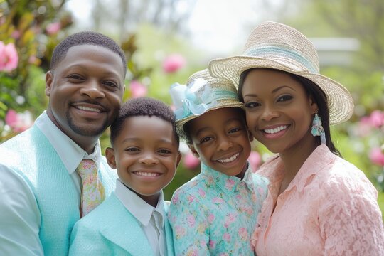 Joyful family portrait in matching easter outfits in a blooming garden setting.