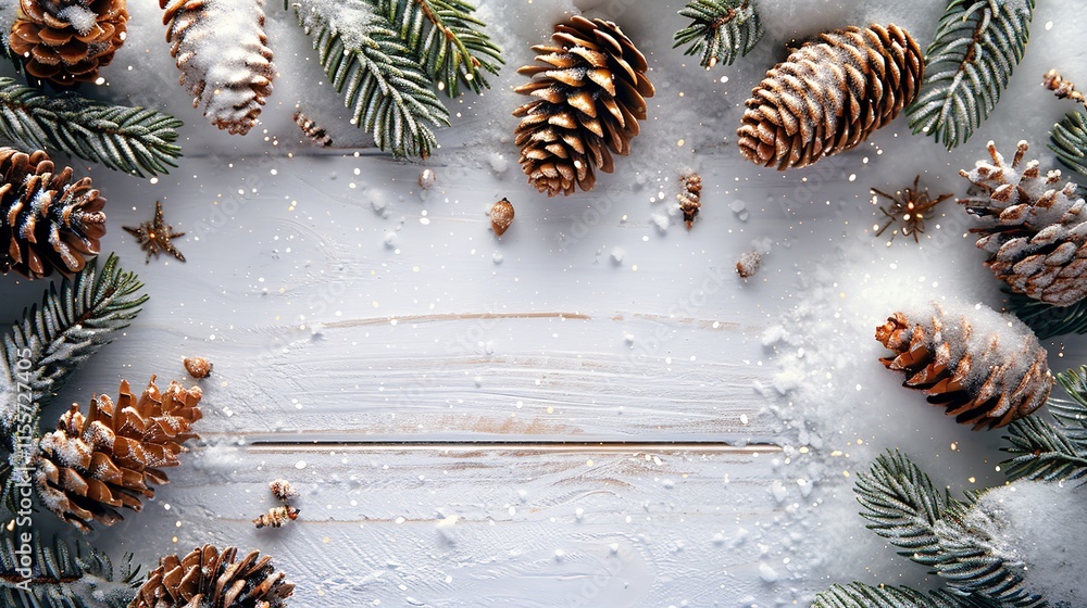 Poster a close-up of a white hardwood tabletop perspective with fuzzy illumination fir branches and cones a