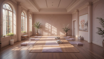Fototapeta premium A Sanctuary of Tranquility: A Serene Yoga Studio Bathed in Soft Light