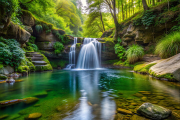 Serene Forest Waterfall Cascading into a Peaceful Pool