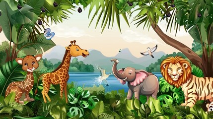 Naklejka premium Adorable and Whimsical World of Cute Cartoon Safari Zoo: Unveiling the Enchanting Beauty of Watercolor Style with Animal Frame Border. Explore Keywords like Charming, Playful, Jungle Creatures, Exotic