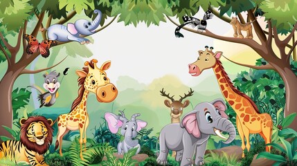 Fototapeta premium Adorable and Whimsical World of Cute Cartoon Safari Zoo: Unveiling the Enchanting Beauty of Watercolor Style with Animal Frame Border. Explore Keywords like Charming, Playful, Jungle Creatures, Exotic