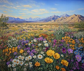 Obraz premium Vibrant Wildflower Field Under Clear Blue Sky with Majestic Mountains in the Background, Showcasing a Colorful Array of Nature's Beauty and Serenity