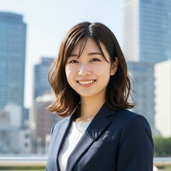 Fototapeta premium Elegant Japanese Businesswoman with Long Brown Hair in Urban Skyline: Confidence and Sophistication